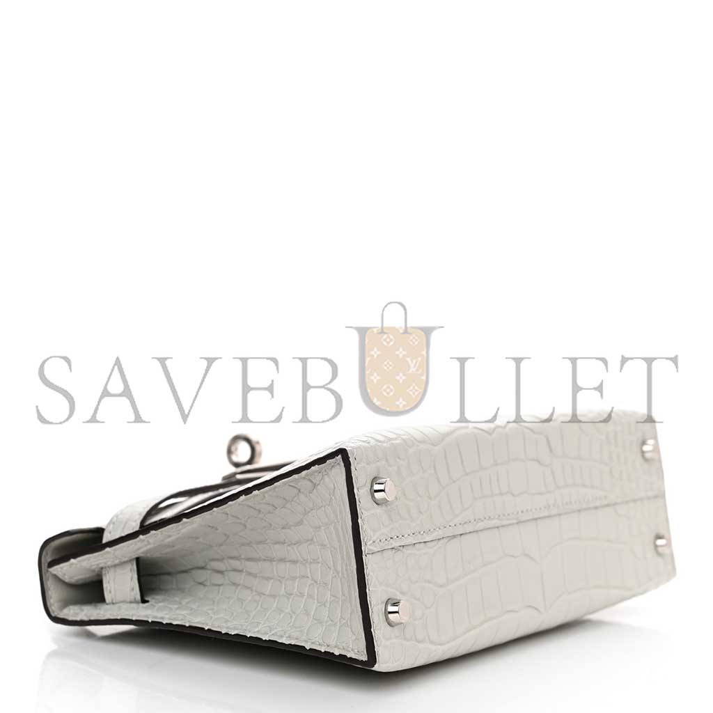 HERMÈS MASTER MATTE ALLIGATOR MINI KELLY II SELLIER GRIS NEVE (19*12*5.5cm)